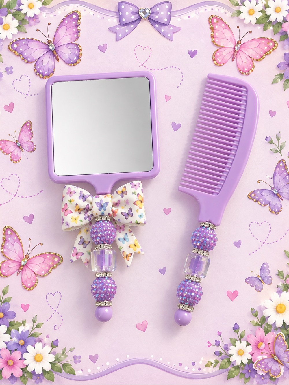 Hand Crafted Purple Butterfly Bow Mirror and Comb Set